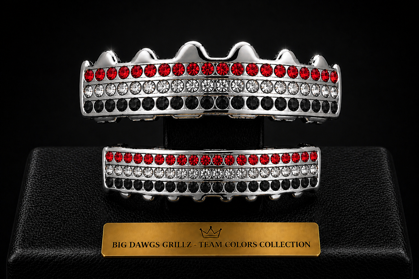Team Colors Silver 6 Rows Iced CZ Mouth Teeth Grillz Upper Lower Set Red Black