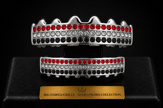 Team Colors Silver 6 Rows Iced CZ Mouth Teeth Grillz Upper Lower Set Red Black