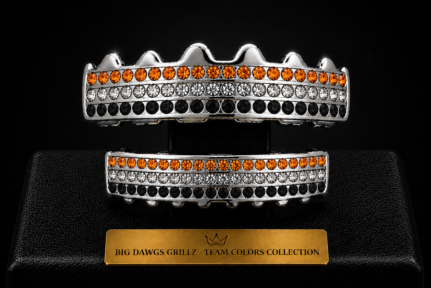 Team Colors Silver 6 Rows Iced CZ Mouth Teeth Grillz Upper Lower Set Orange Black