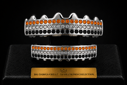 Team Colors Silver 6 Rows Iced CZ Mouth Teeth Grillz Upper Lower Set Orange Black