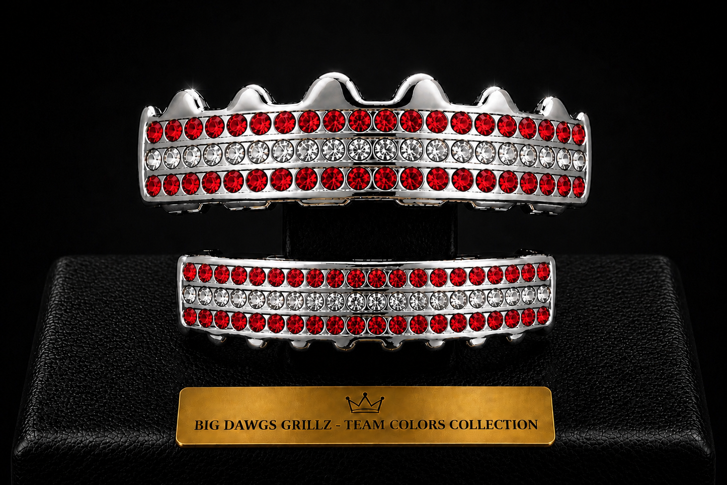 Team Colors Silver 6 Rows Iced CZ Mouth Teeth Grillz Upper Lower Set Red