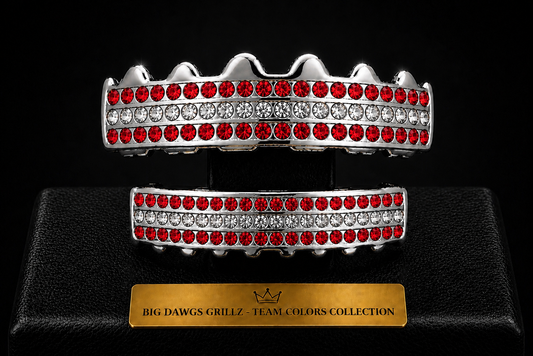 Team Colors Silver 6 Rows Iced CZ Mouth Teeth Grillz Upper Lower Set Red