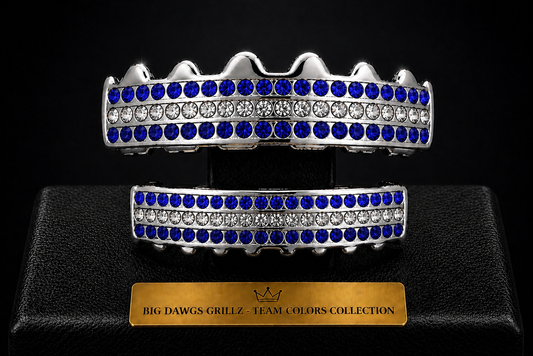 Team Colors Silver 6 Rows Iced CZ Mouth Teeth Grillz Upper Lower Set Blue