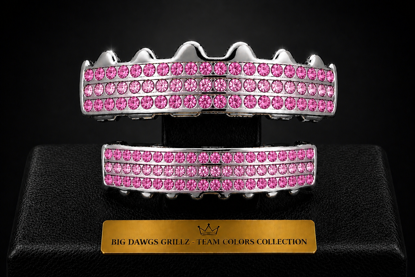 Team Colors Silver 6 Rows Iced CZ Mouth Teeth Grillz Upper Lower Set Pink
