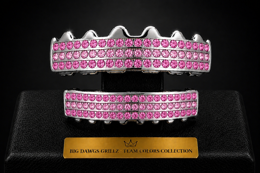 Team Colors Silver 6 Rows Iced CZ Mouth Teeth Grillz Upper Lower Set Pink