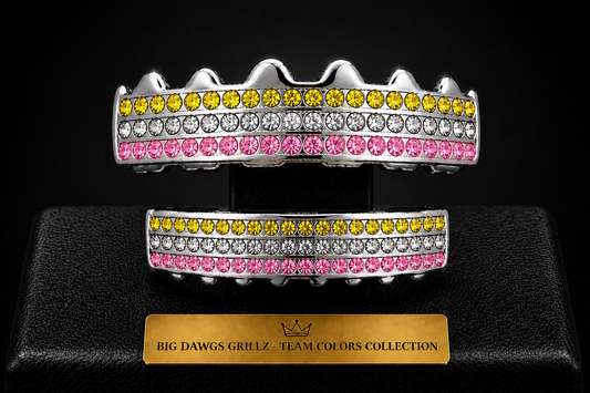 Team Colors Silver 6 Rows Iced CZ Mouth Teeth Grillz Upper Lower Set Pink Yellow
