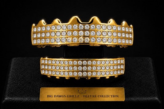14K Gold Plated Upper & Lower Grillz Set Iced 6 Rows