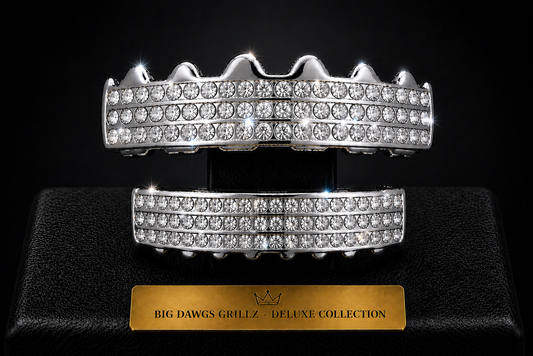 Silver Plated Upper & Lower Grillz Set Iced 6 Row
