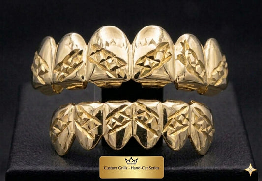 14K Gold Plated Upper & Lower Grillz Set Diamond Cut Series 01