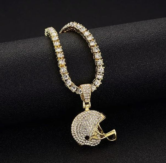 Iced 14K Gold Plated Football Helmet Pendant with Hip Hop Chain Necklace