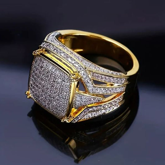 Mens 14k Gold Plated Hip Hop Iced CZ Ring One Size Fits Most