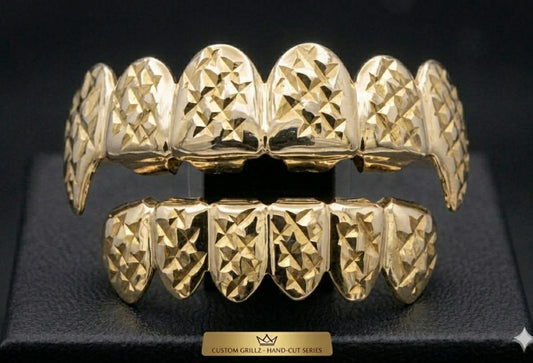 14K Gold Plated Upper & Lower Fang Grillz Set Diamond Cut Series 06