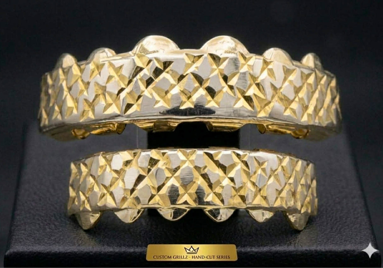 Two-Tone Silver & 14K Gold Plated Upper & Lower Grillz Set Diamond Cut Series 08