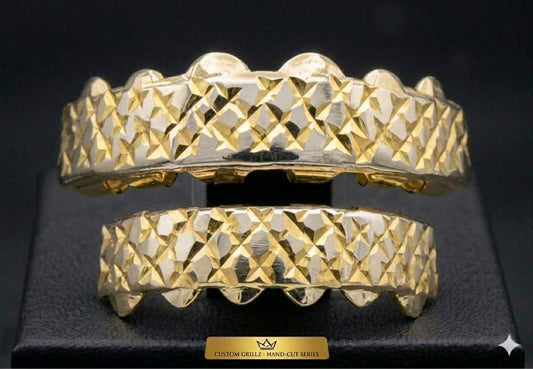 Two-Tone Silver & 14K Gold Plated Upper & Lower Grillz Set Diamond Cut Series 08
