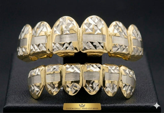 14K Gold Plated Upper & Lower Grillz Set Diamond Cut Series 03