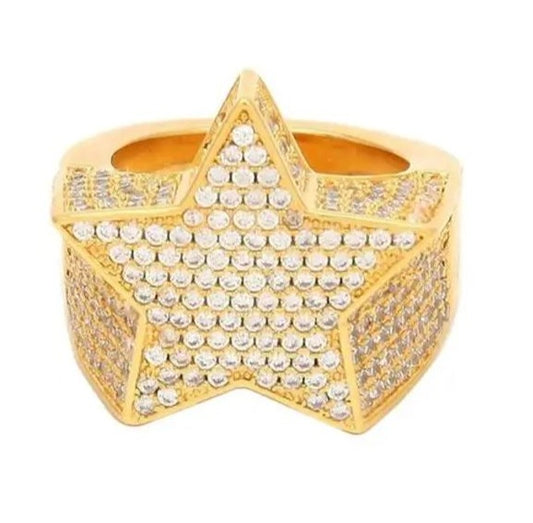 Mens 14K Gold Plated Hip Hop Iced CZ Ring One Size Fits Most Star