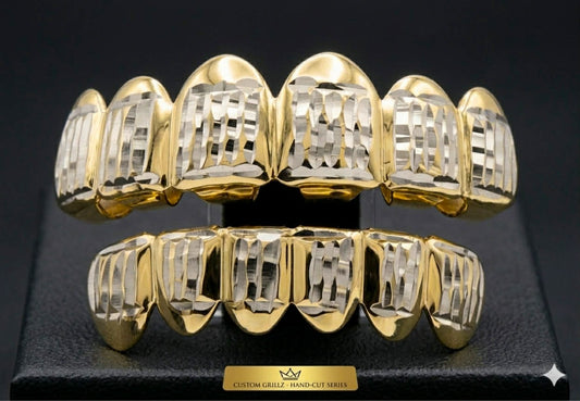 14K Gold Plated Upper & Lower Grillz Set Diamond Cut Series 04