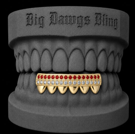 14K Gold Plated Bottom 6 Lower Iced Red Ruby CZ Grillz
