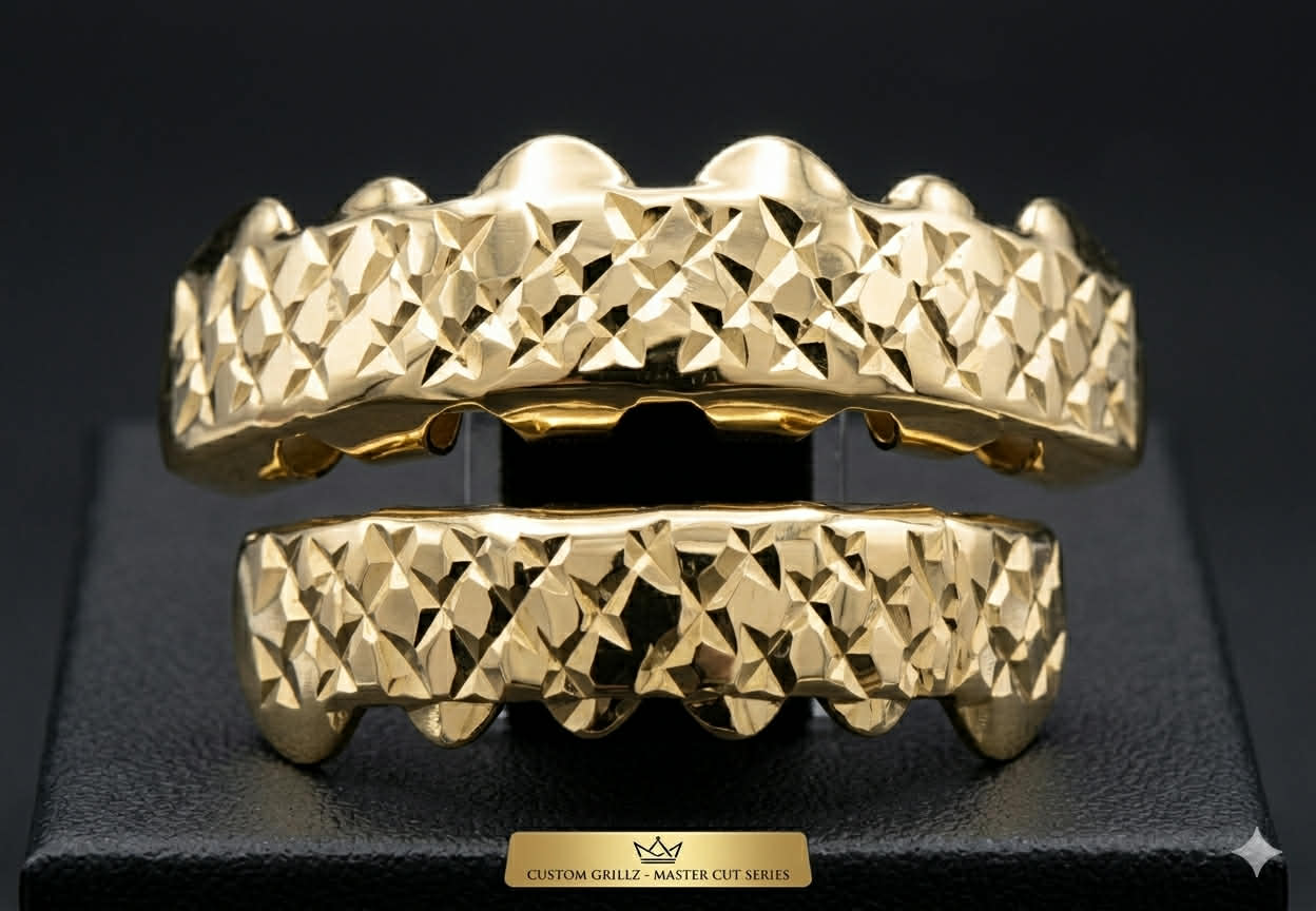 14K Gold Plated Upper & Lower Grillz Set Diamond Cut Series 05
