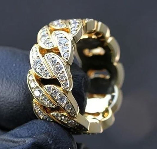 Mens 14K Gold Plated Hip Hop Iced CZ Ring One Size Fits Most Cuban Link