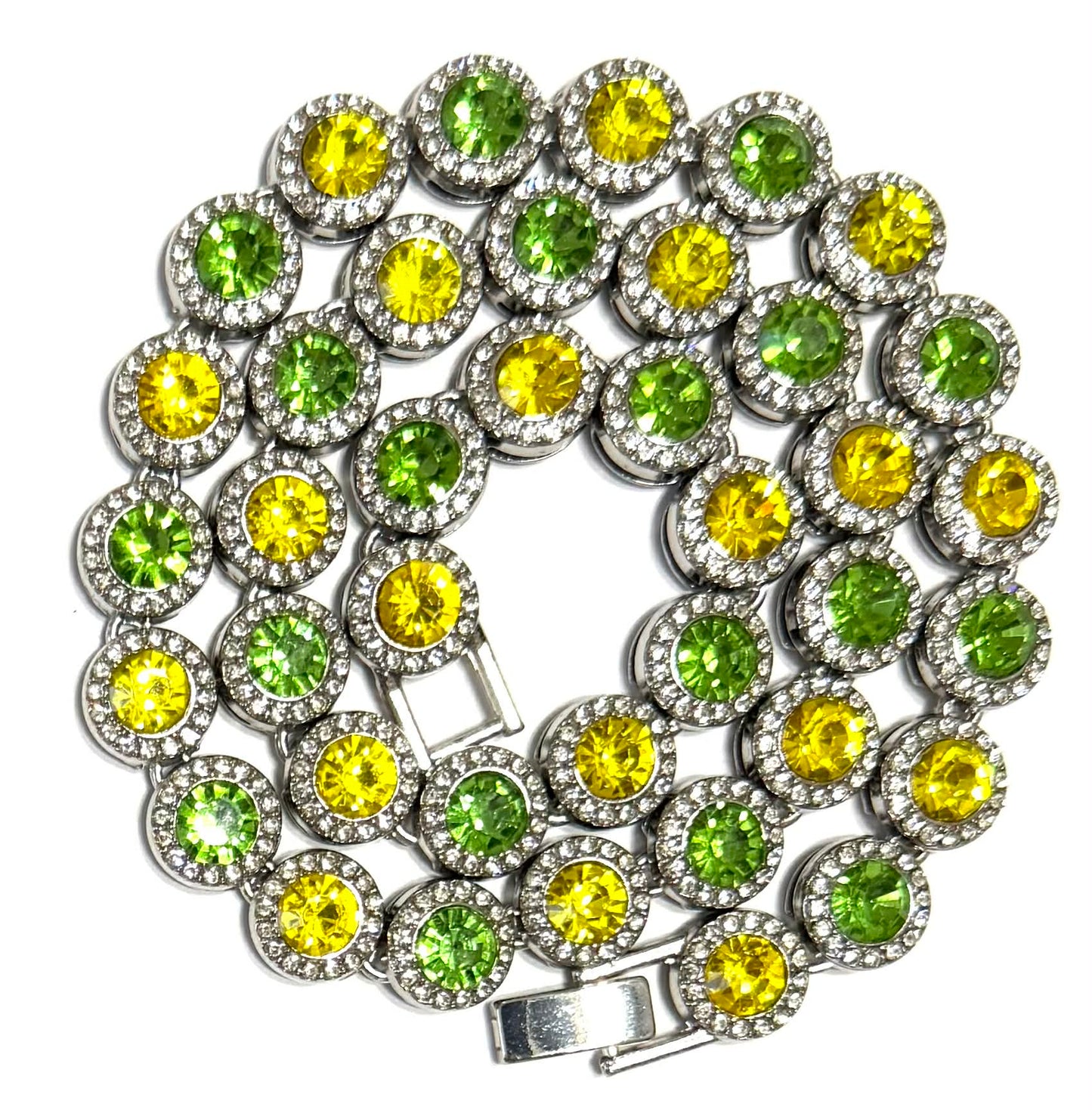 Hip Hop Iced Silver 12mm CZ Cluster Chain Necklace Green Yellow