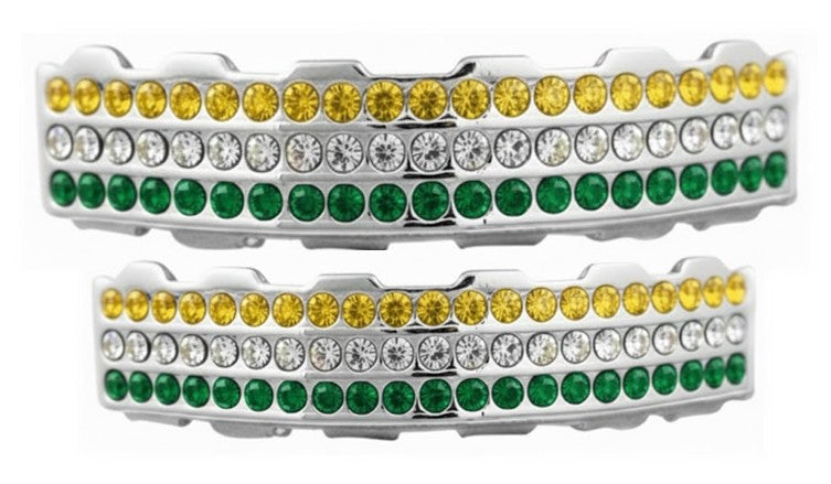 Team Colors Silver 6 Rows Iced CZ Mouth Teeth Grillz Upper Lower Set Green Yellow