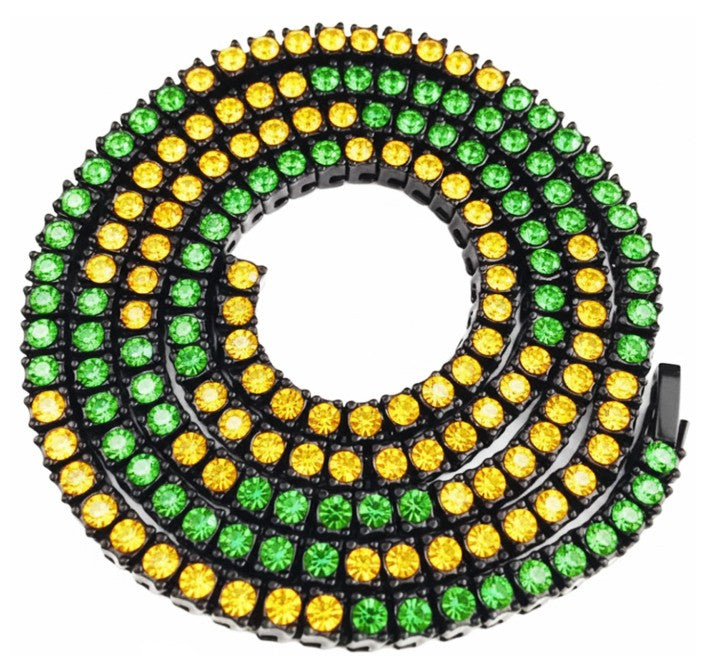 Black Iced CZ Row Tennis Baseball Chain Necklace Green Yellow