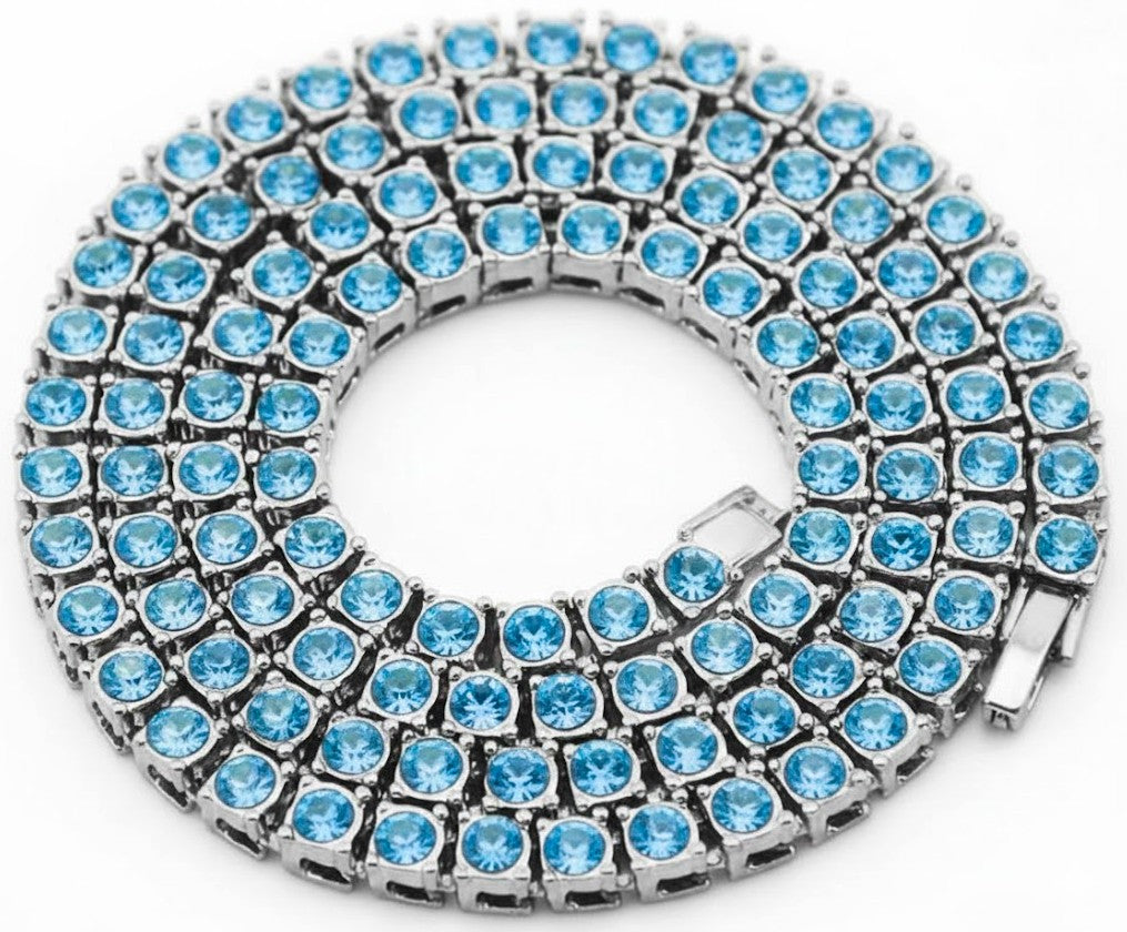 Silver Iced CZ Row Tennis Baseball Chain Necklace Miami Blue