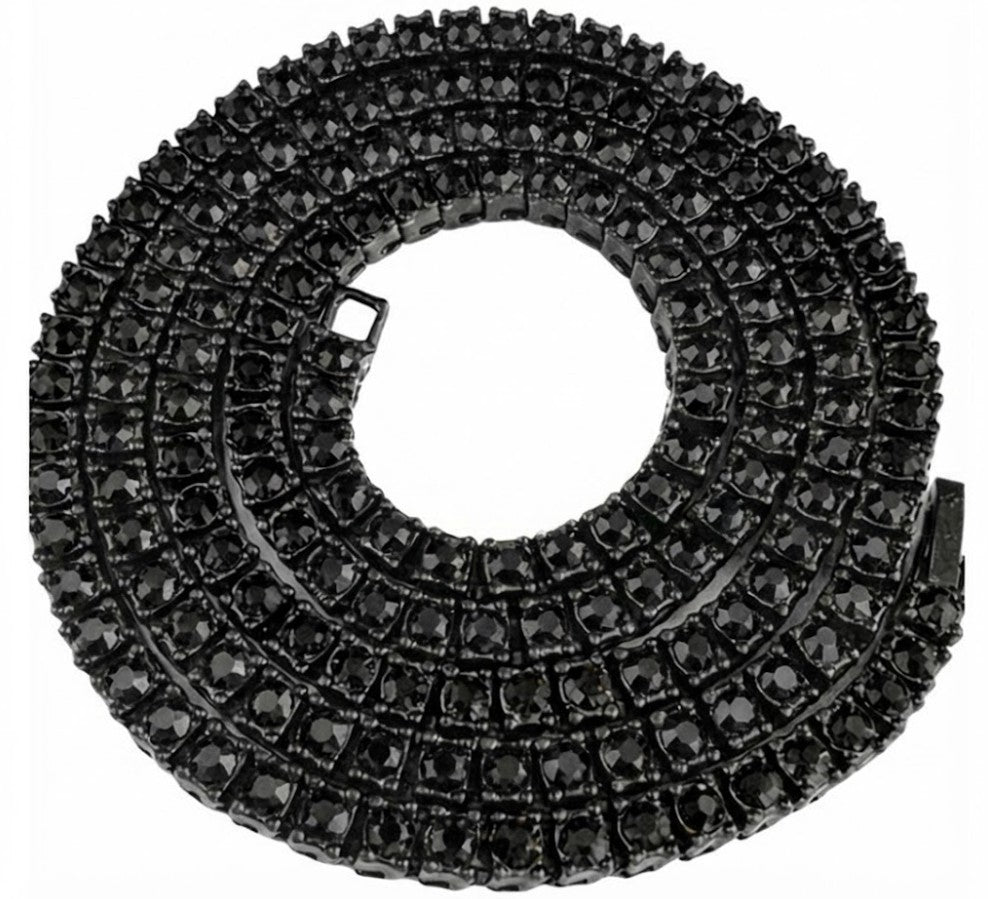 Black Iced CZ Row Tennis Baseball Chain Necklace Black Out