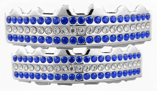 Team Colors Silver 6 Rows Iced CZ Mouth Teeth Grillz Upper Lower Set Blue