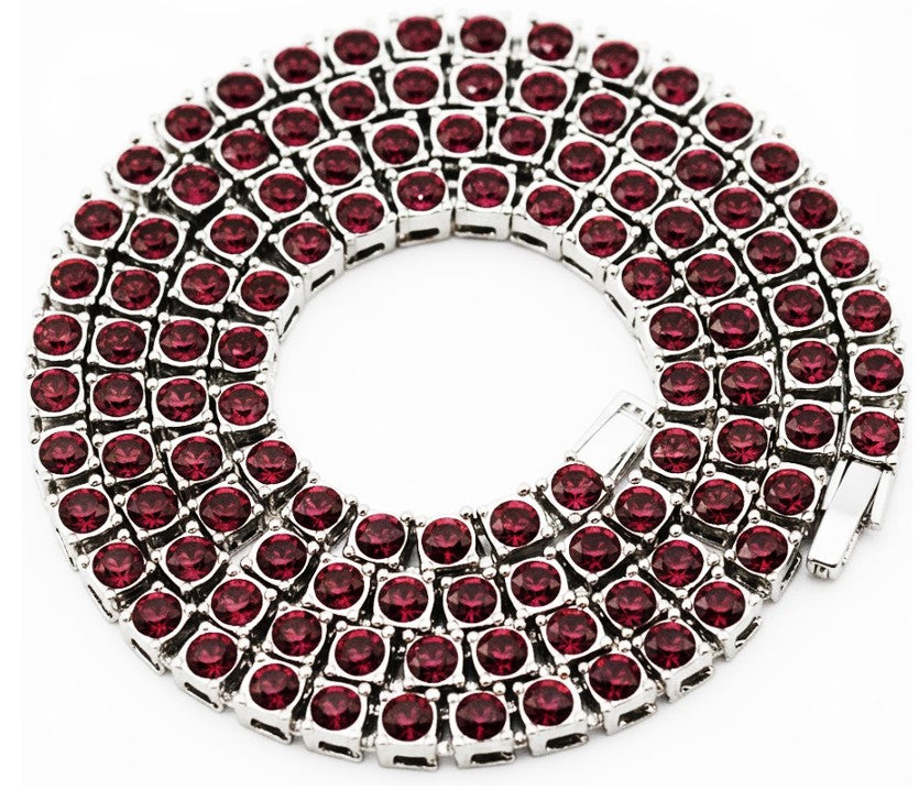 Silver Iced CZ Row Tennis Baseball Chain Necklace Burgandy Maroon