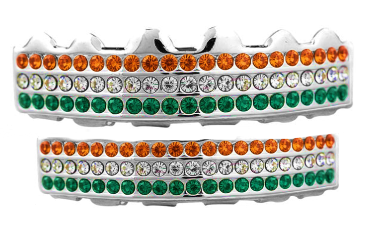 Team Colors Silver 6 Rows Iced CZ Mouth Teeth Grillz Upper Lower Set Orange Green
