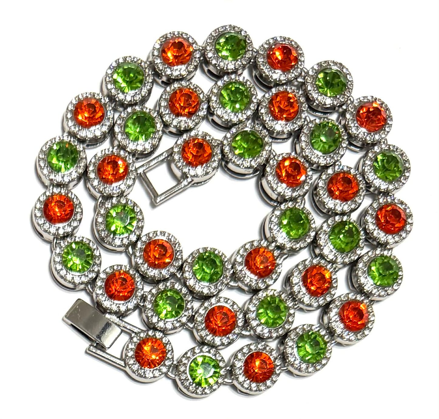 Hip Hop Iced Silver 12mm CZ Cluster Chain Necklace Orange Green