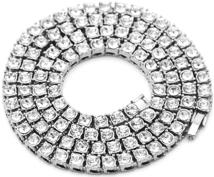 Silver Iced CZ Row Tennis Baseball Chain Necklace Clear