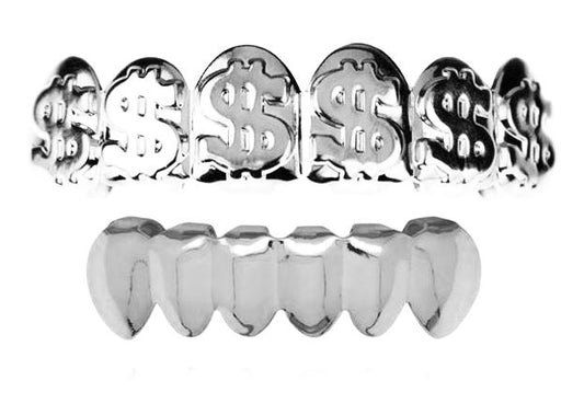 Silver Plated Upper & Lower Grillz Set Dollar Sign