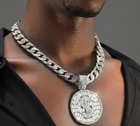 Iced Silver Plated Pendant with Hip Hop Chain Necklace $ Dollar Sign