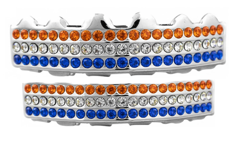 Team Colors Silver 6 Rows Iced CZ Mouth Teeth Grillz Upper Lower Set Orange Blue