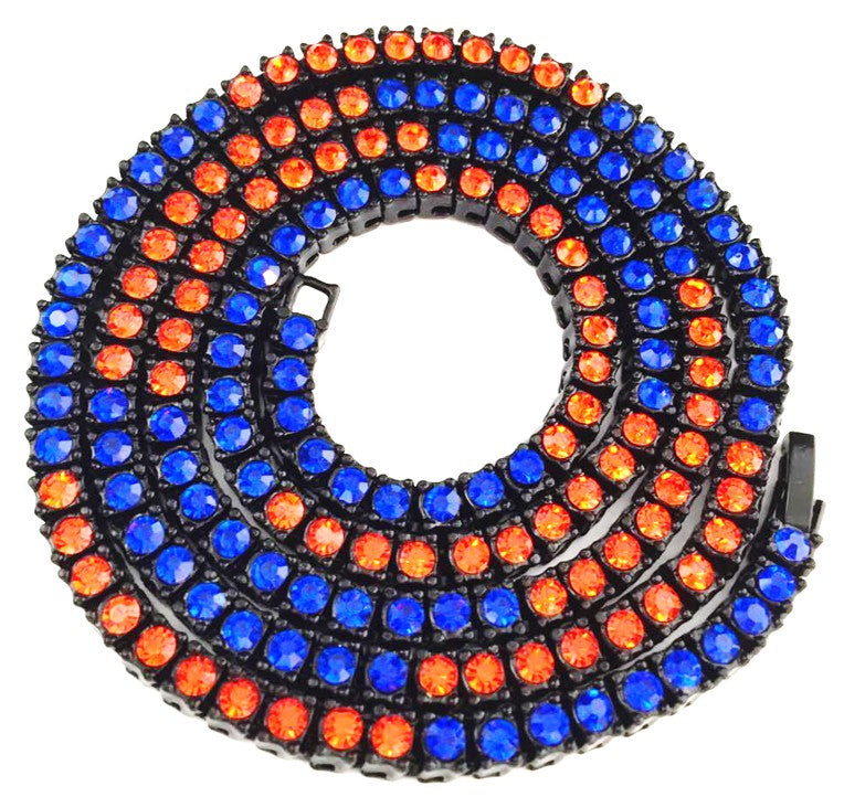 Black Iced CZ Row Tennis Baseball Chain Necklace Orange Blue