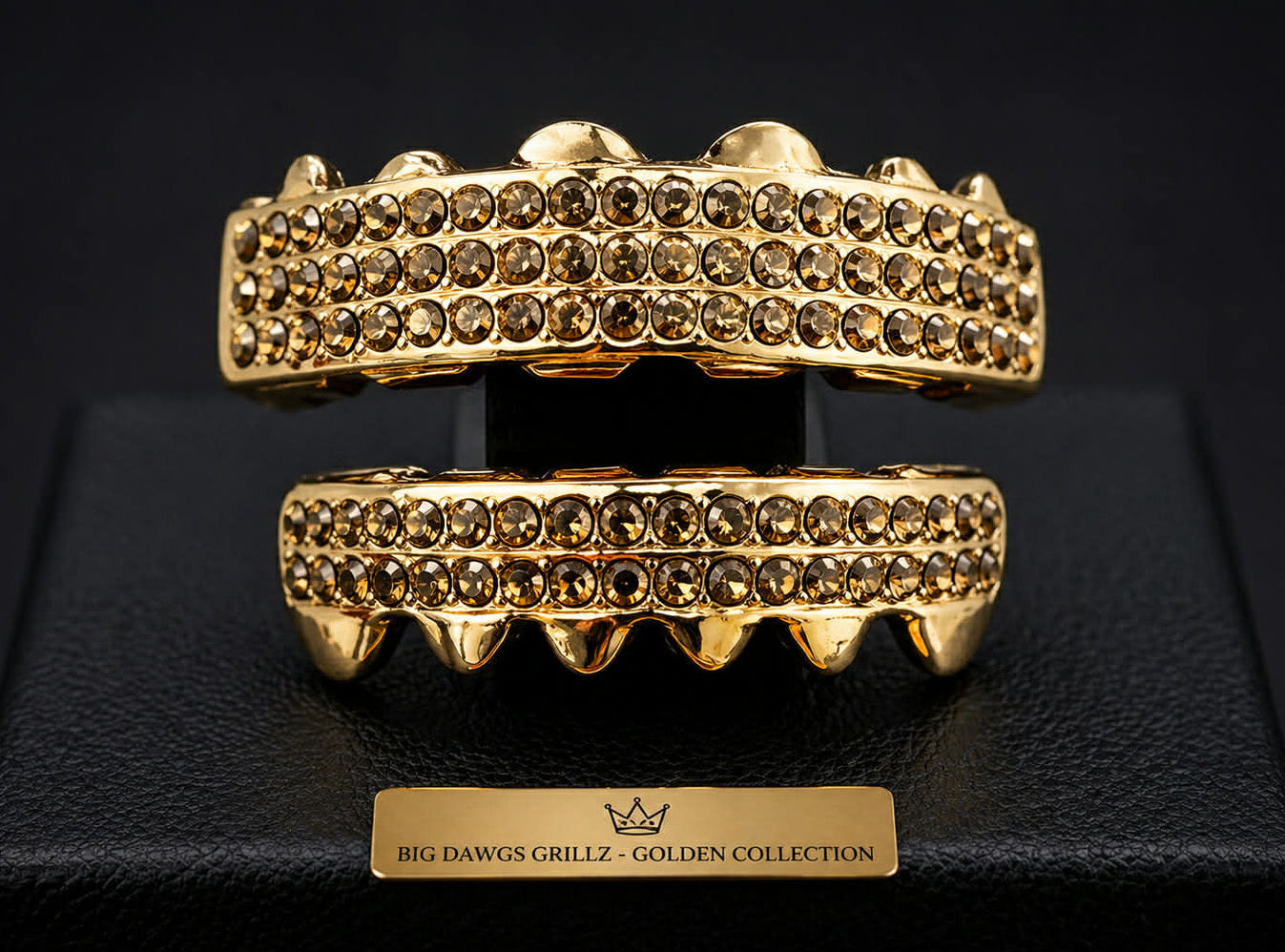 14K Gold Plated Upper & Lower Grillz Set Iced 6 Rows Golden Series