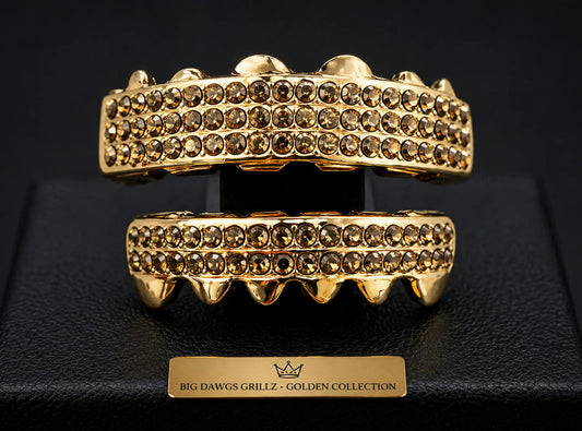 14K Gold Plated Upper & Lower Grillz Set Iced 6 Rows Golden Series