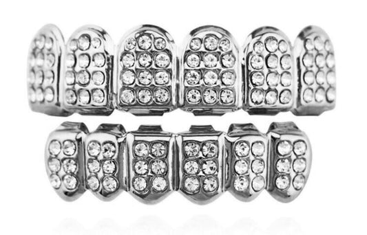 Silver Plated Upper & Lower Grillz Set Iced Pimp