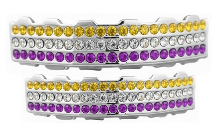 Team Colors Silver 6 Rows Iced CZ Mouth Teeth Grillz Upper Lower Set Purple Yellow