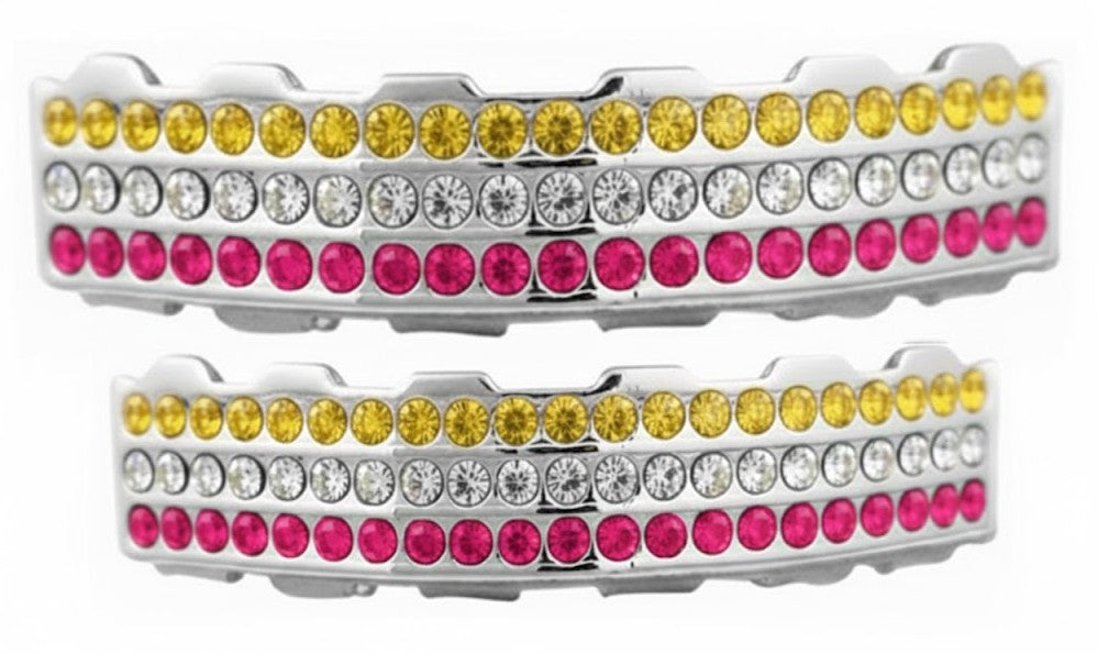 Team Colors Silver 6 Rows Iced CZ Mouth Teeth Grillz Upper Lower Set Pink Yellow