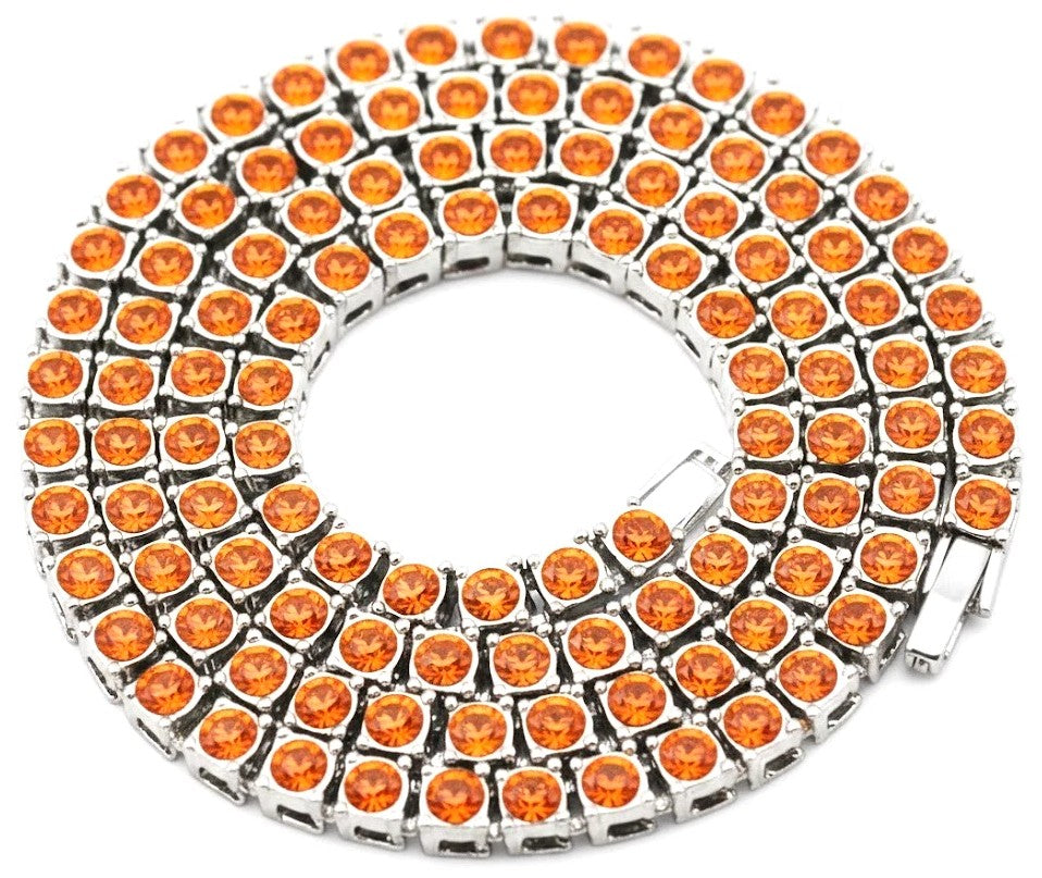 Silver Iced CZ Row Tennis Baseball Chain Necklace Orange