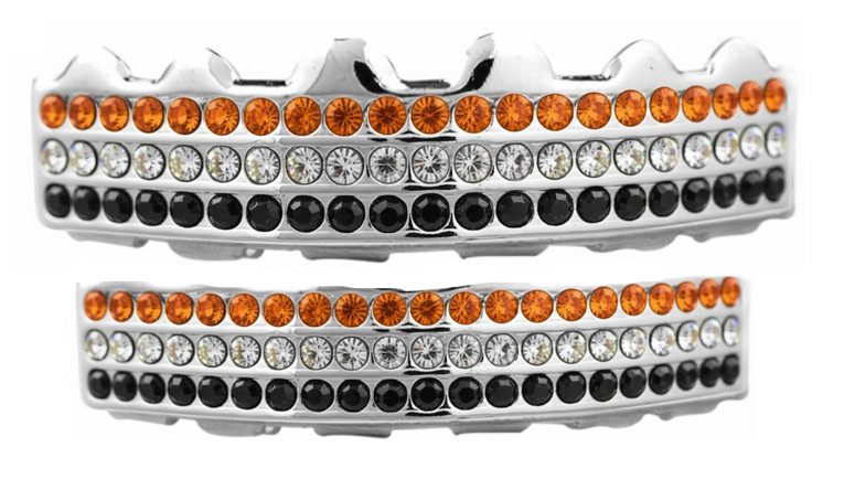 Team Colors Silver 6 Rows Iced CZ Mouth Teeth Grillz Upper Lower Set Orange Black