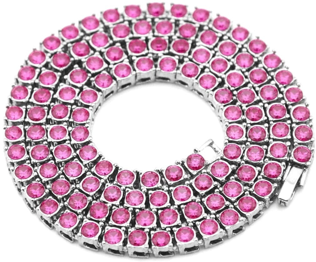 Silver Iced CZ Row Tennis Baseball Chain Necklace Miami Pink
