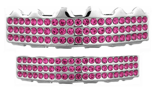 Team Colors Silver 6 Rows Iced CZ Mouth Teeth Grillz Upper Lower Set Pink