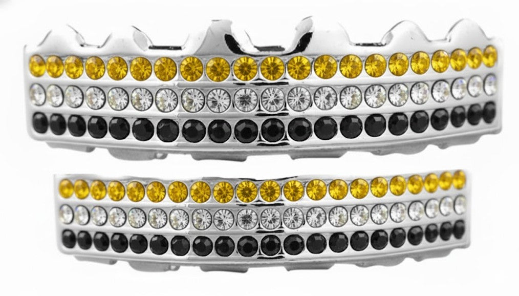 Team Colors Silver 6 Rows Iced CZ Mouth Teeth Grillz Upper Lower Set Yellow Black