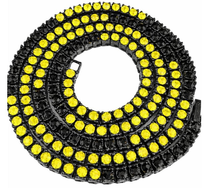 Black Iced CZ Row Tennis Baseball Chain Necklace Black Yellow