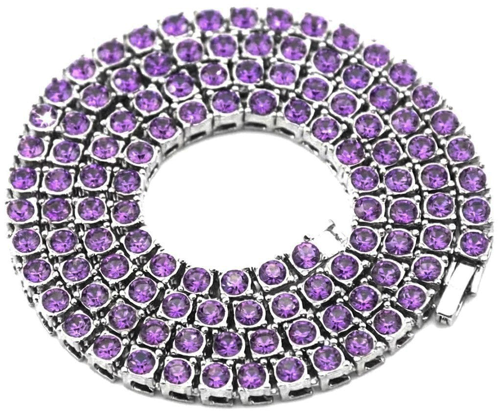 Silver Iced CZ Row Tennis Baseball Chain Necklace Purple